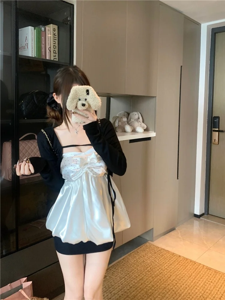 

Polka Dot Satin Long Sleeve Vest Top High Waist Skirt Set for Women Spring Fashion Outfit with Bow Tie Tube Top And Skirt