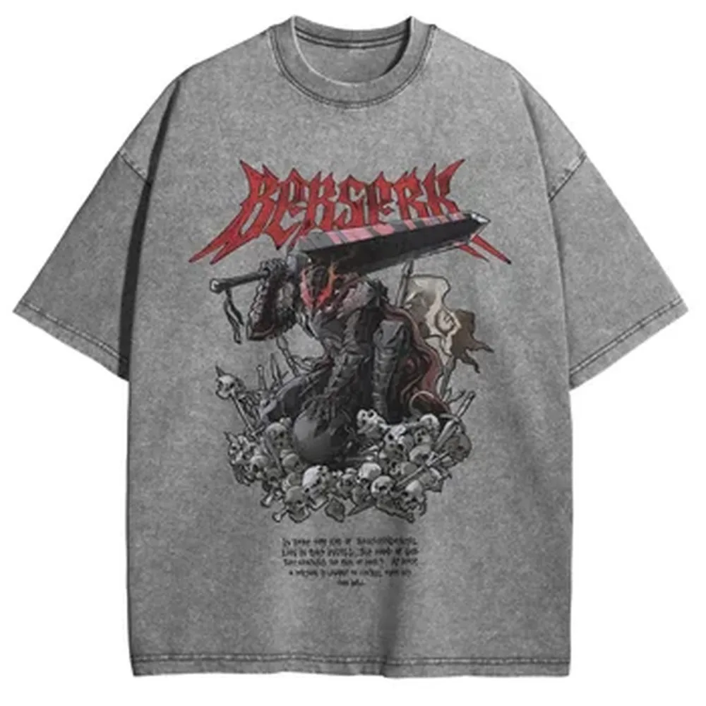 Berserk Guts T Shirt Manga Graphic Vintage Washed T-shirt Short Sleeve Tees Cotton Oversized T-Shirt For Men's Women's Clothing