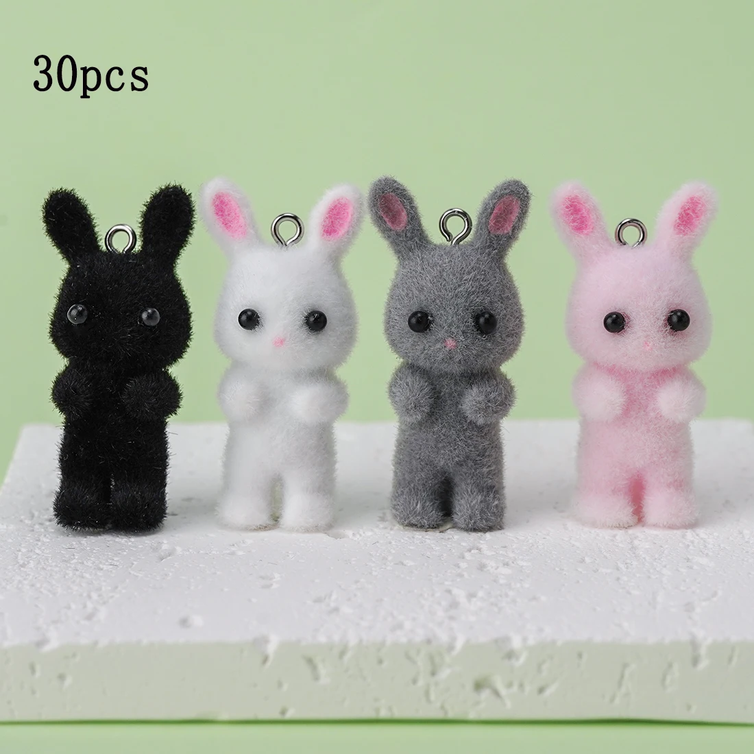 

30pcs 3D Flocking resin Rabbits Charms Cartoon Animal Pendants For Making Necklace Keychain Handmade Accessories Supplies