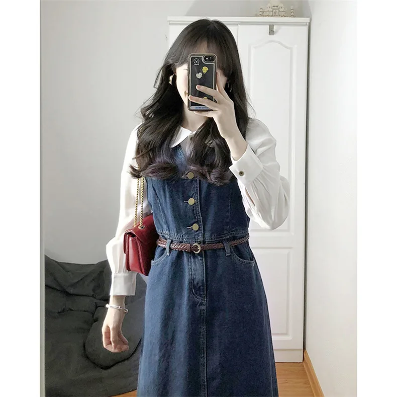 Vintage Y2K Dresses Two Pieces Set Spring Autumn Long Sleeve Shirts with Denim Dress Matching Belt Suits Streetwear for Women