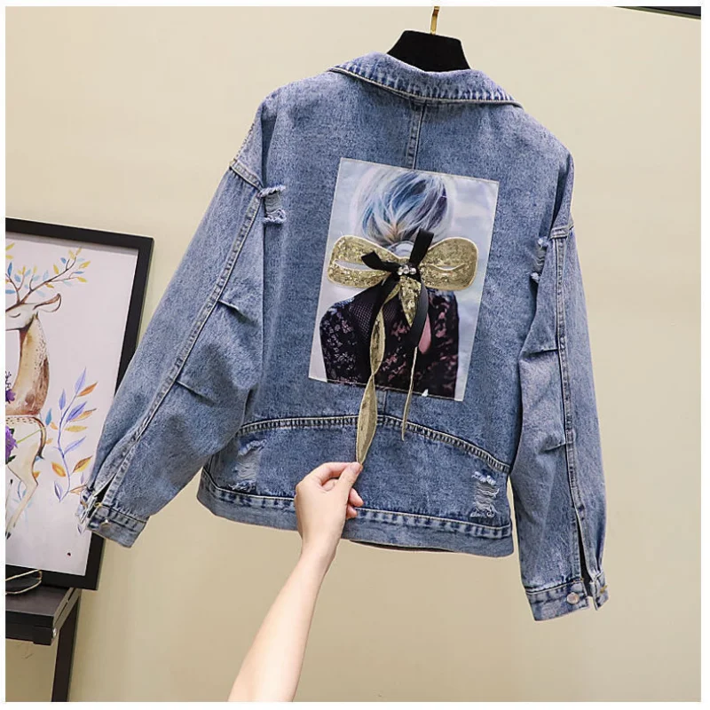 Denim Coats Pearl Special Winter Jean Jackets for Women 2024 Woman Coat Crop Latest Fashion New Arrival Fringe Novelty Blue Hit