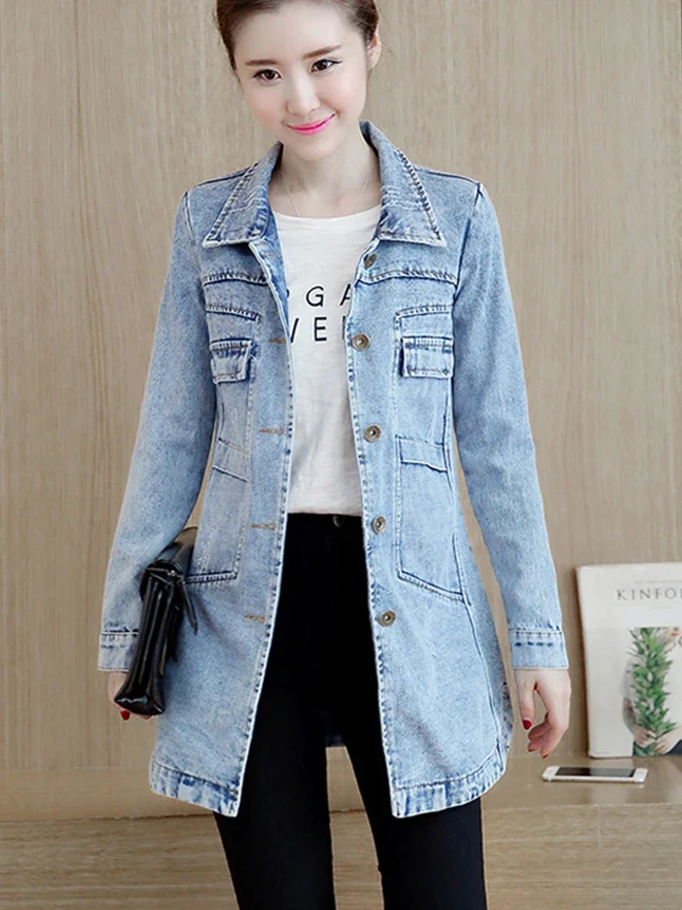 Autumn Women Denim Jacket Fashion Ripped Female Jean Long Coat Koran Cotton Slim Long Sleeve Blue Outwear 5XL