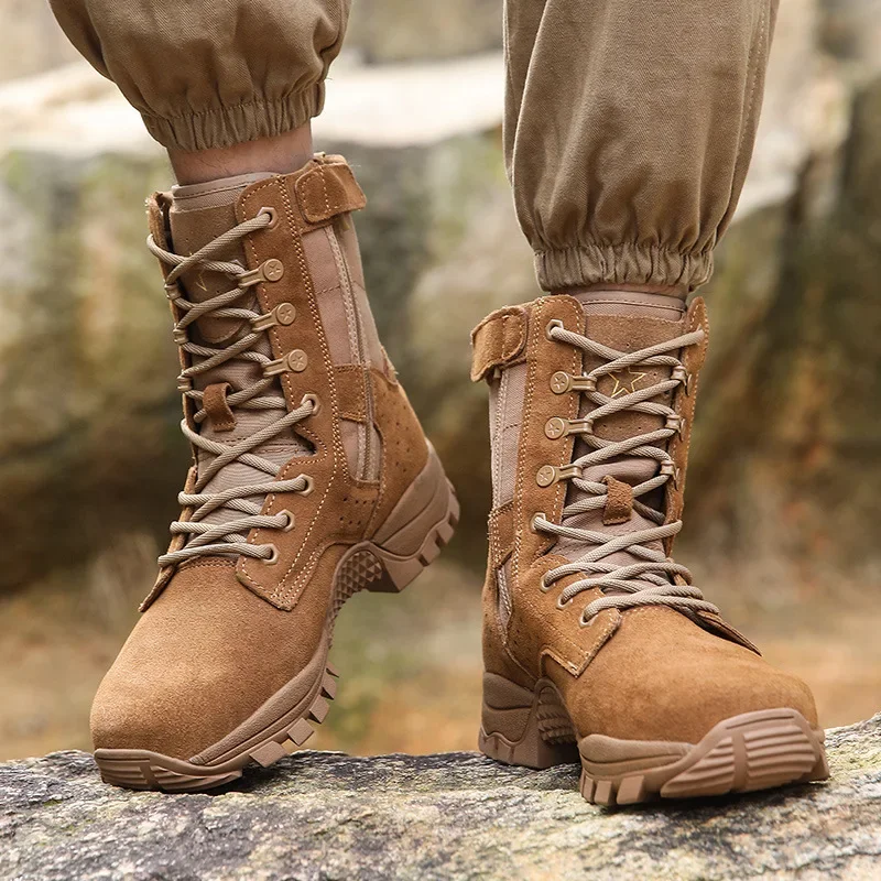 New Marine Boots Brown Combat Boots Men's Combat Training Boots Desert Side Zipper Waterproof Outdoor Combat Training Boots