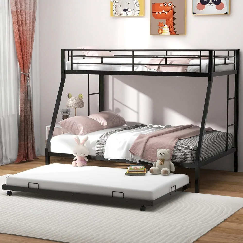 

Twin Over Full Bunk Bed with Trundle, Heavy-Duty Metal Bunk Bed Frame with Guardrail & 2 Ladders, Space-Saving Bunk Bed for