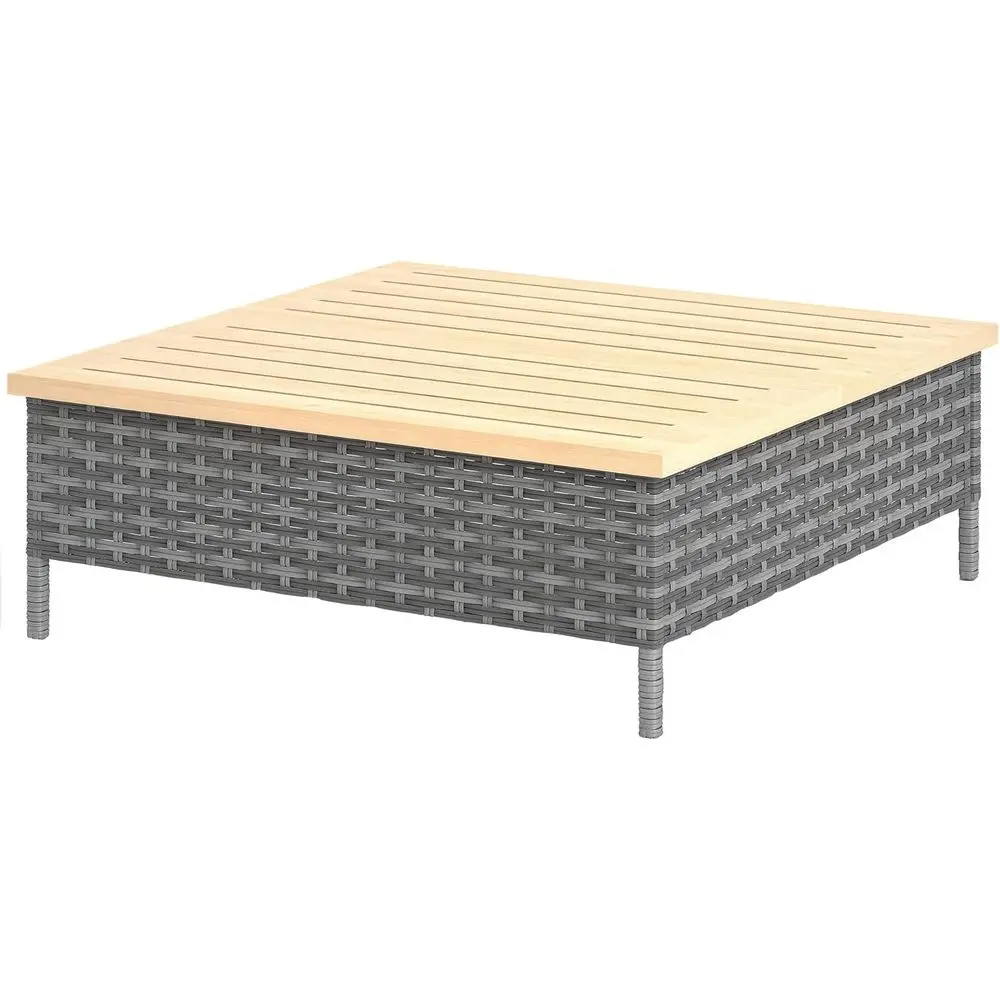 

Серый всепогодный приставной столик из ротанга PE с натуральной деревянной столешницей для патио, бассейна, веранды