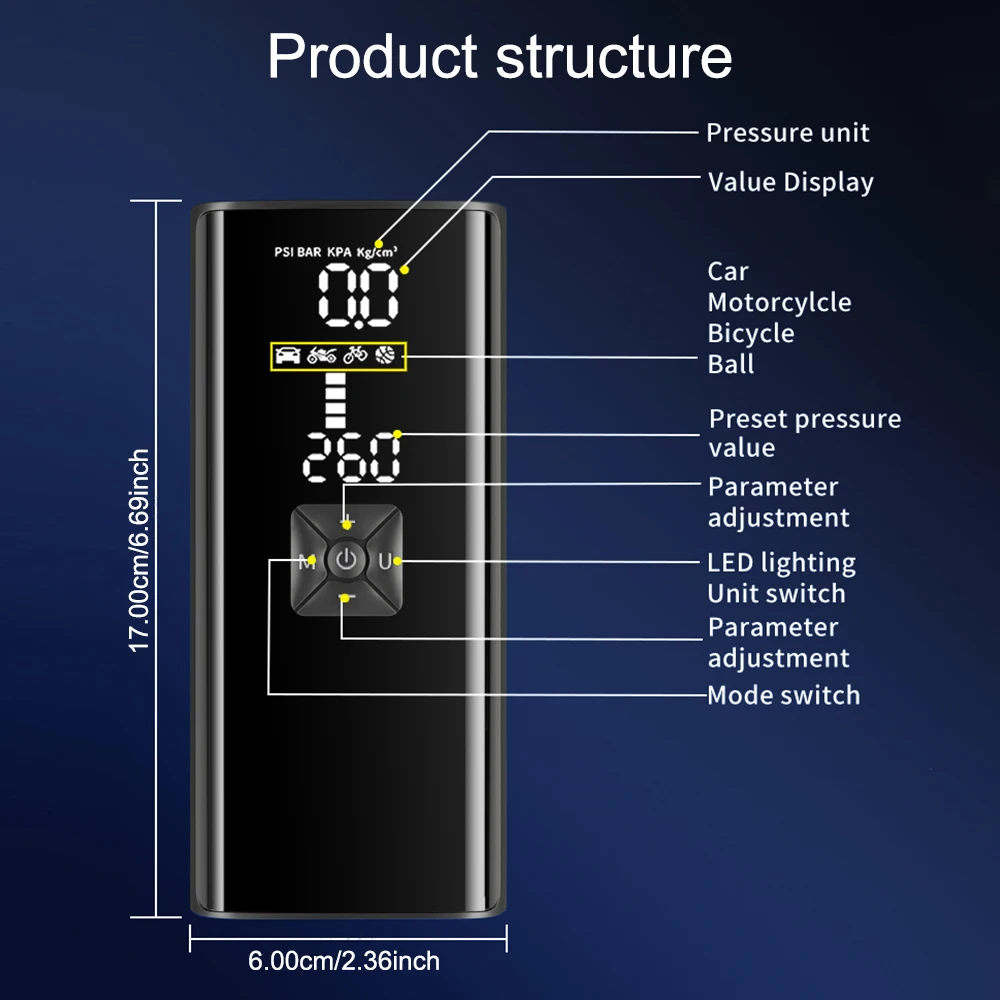 Tire Air Pump Tire Pressure Test With LED Flashlight Car Air Compressor 4000mAh Portable Inflator Digital 150PSI
