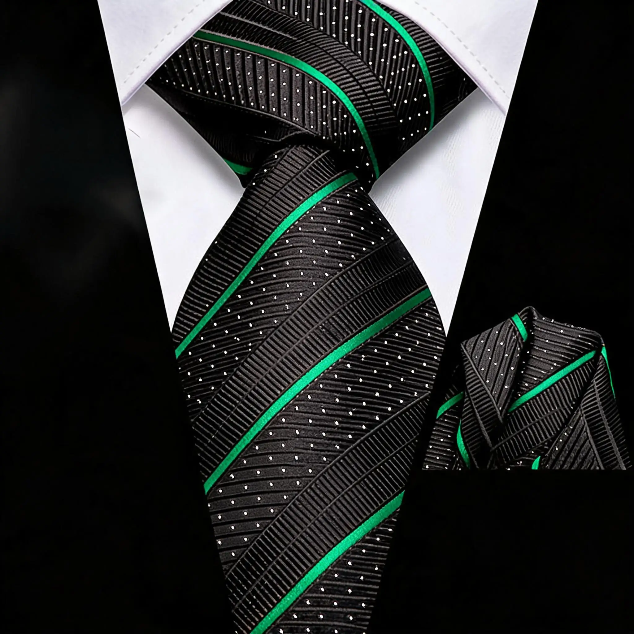 Men’s Black Striped Tie & Pocket Square 2Pcs Set Formal Business Wedding Necktie Handkerchief Accessory for Suit Daily Occasions