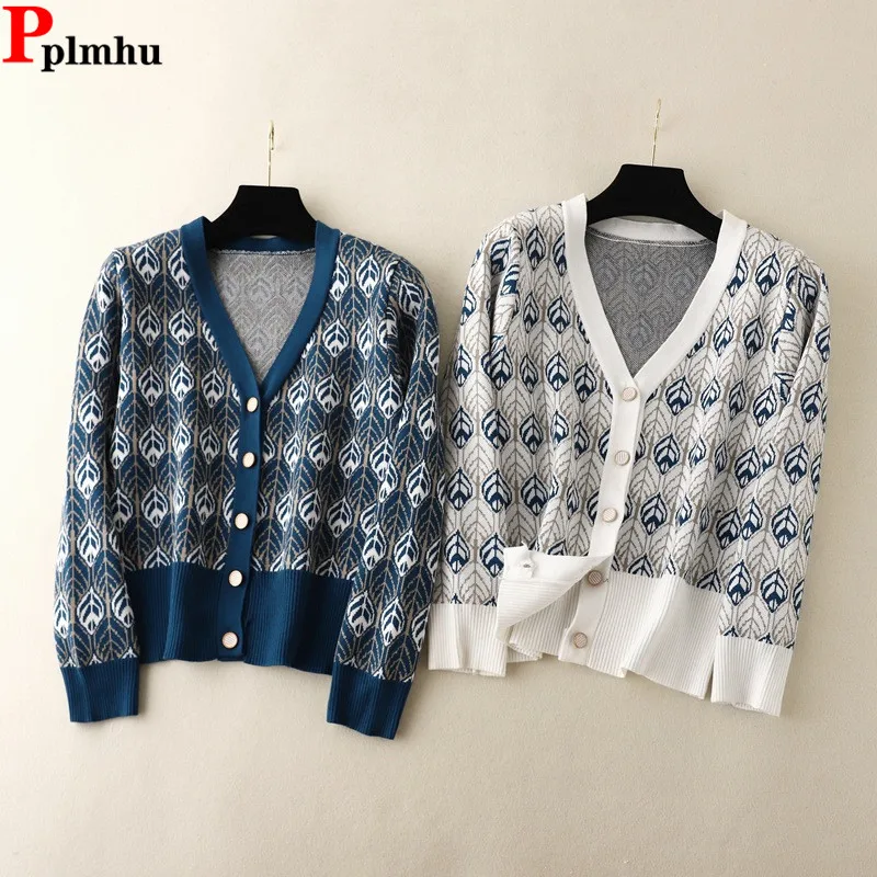 

Print Neck Knitted Cropped Sweater Cardigan Women Casual Single Breasted Knitwears Cropped Coats Tops Korean Long Sleeve Abrigos