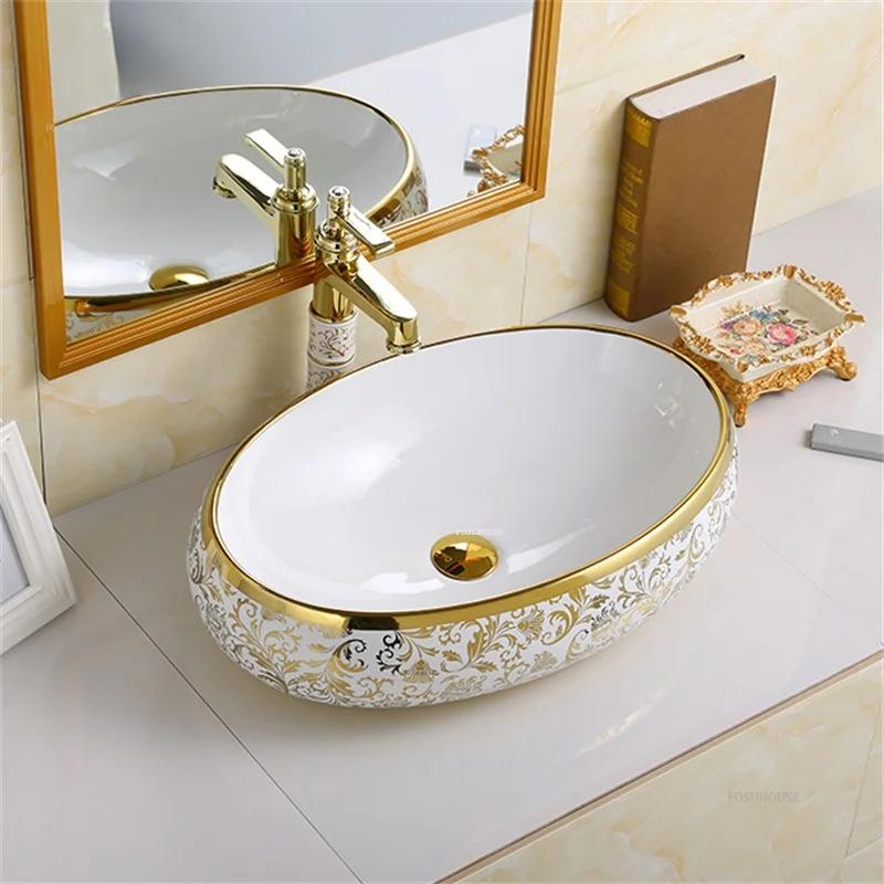 

American Golden Ceramic Bathroom Sinks Home Bathroom Washbasins Kitchen Countertop Basin Luxury Creative Balcony Washing Sink