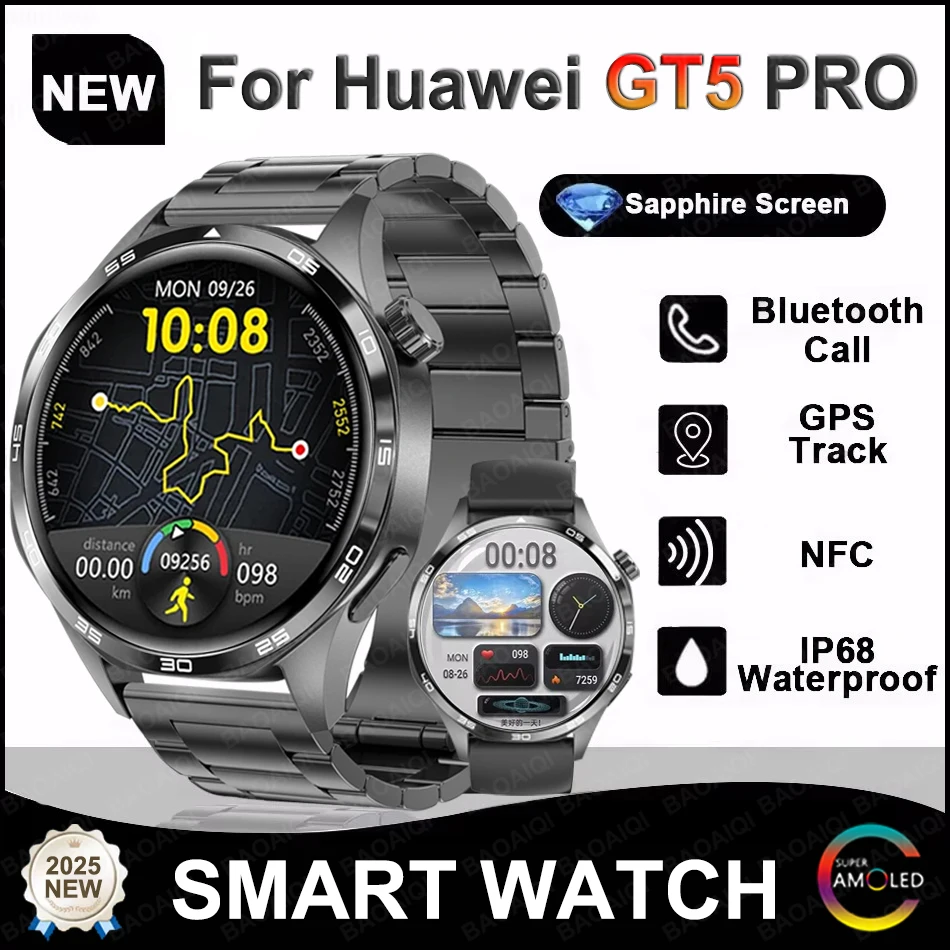 

2025 New GT5 PRO Smart Watch Men Watch 5 Pro AMOLED HD Screen Bluetooth Call GPS Trajectory NFC Heart Rate Compass SmartWatches