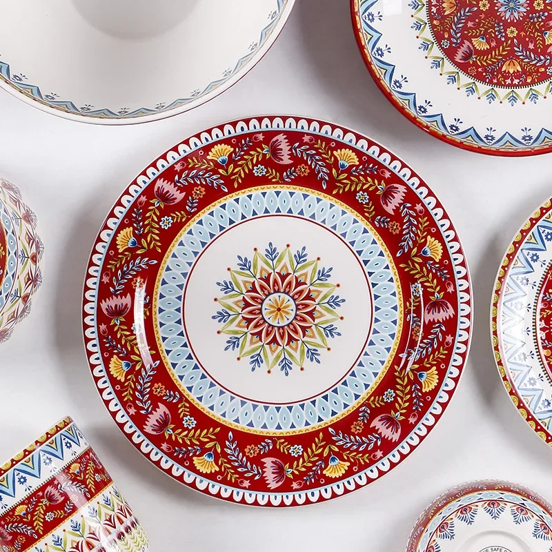 Creative Ceramic Dinnerware, Central Asian Floral Bowl, Bohemian Style Dinner Plate Water Pitcher, Premium for Home Restaurant