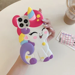 Cute 3D Cartoon Rainbow Unicorn Horse Case For iPhone 11 12 13 14 15 Pro Max Soft Silicone Cover Phone Cases