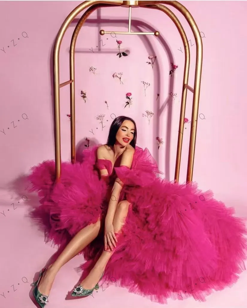 Fotografia fúcsia vestidos femininos com babados detalhes aparados assimétrico longo vestido de noivado arco exuberante em camadas vestidos de festa