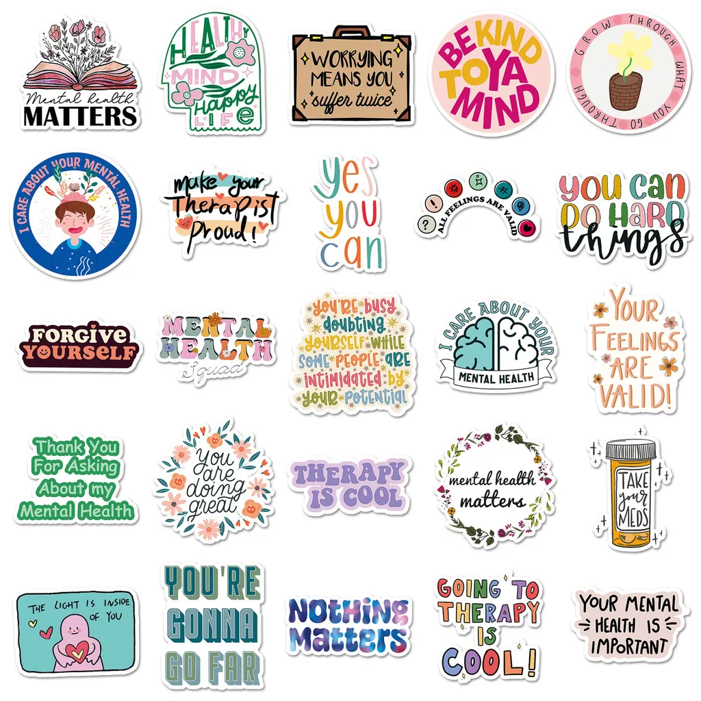 50 قطعة من ملصقات مجلة الصحة العقلية - جرافيتي نصية إنجليزية إبداعية ملهمة، مقاومة للماء، مثالية (متجر Anime Worlds)