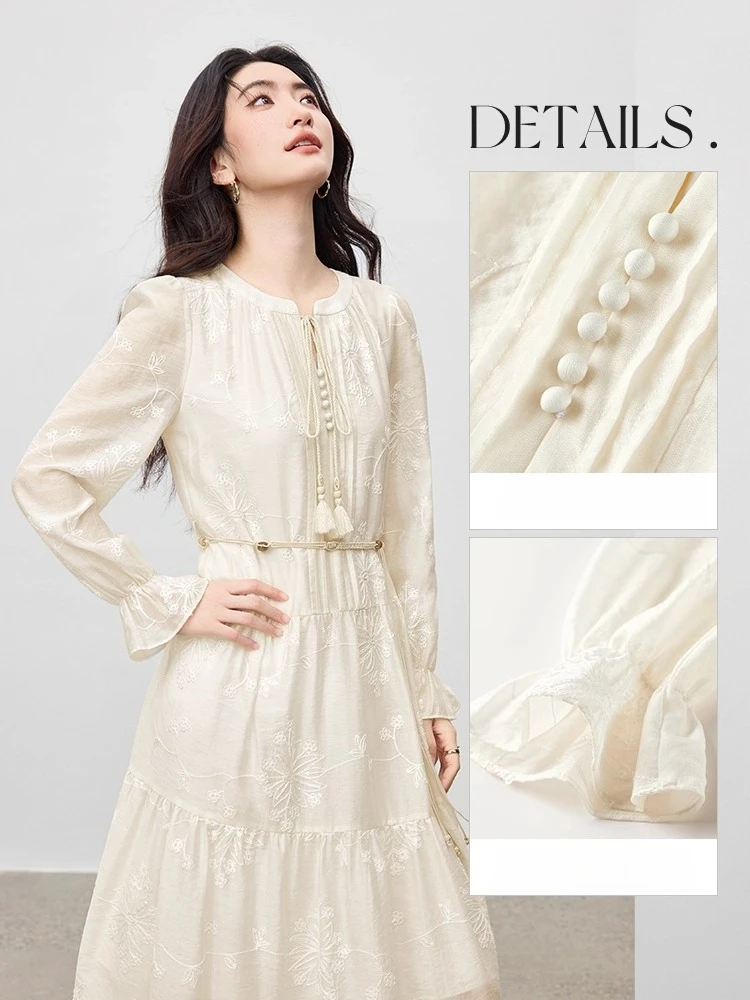 SENTUBILA Elegancka sukienka z lyocellu dla kobiet, kolekcja jesień 2025, sukienki o kroju litery A z długim rękawem, dekolt okrągły, bufiaste rękawy, luźne sukienki Q53LI3927