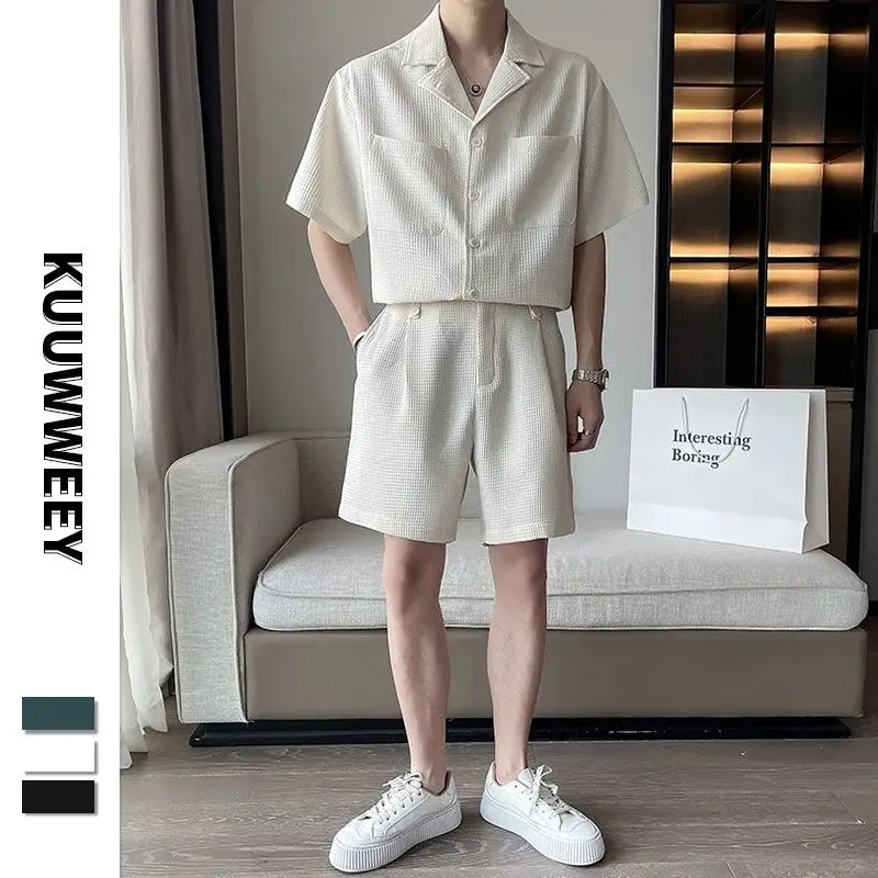 Spring Summer Fashion Short Sleeve Popularity Men's Clothing Korean Style Casual All Match Loose Rope Hombre Solid Sport Sets