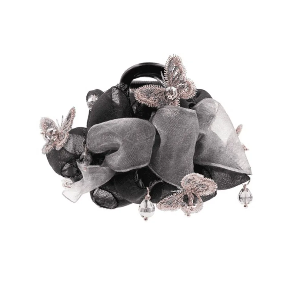 

Новая розовая заколка для волос в виде бабочки, черно-серая вышитая заколка-краб 8 см, аксессуары для волос