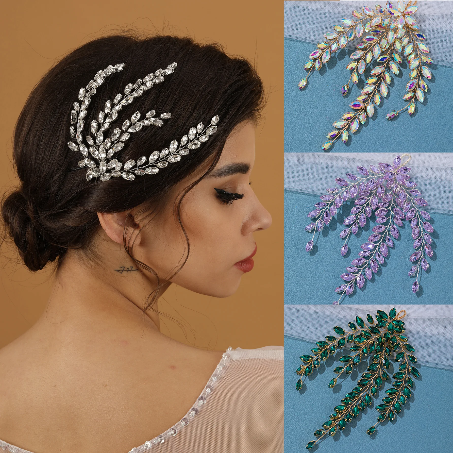 Diadema nupcial de circón de hoja para mujer, accesorios de Tiara para niñas, clip de cristal de lujo, joyería de boda, moda