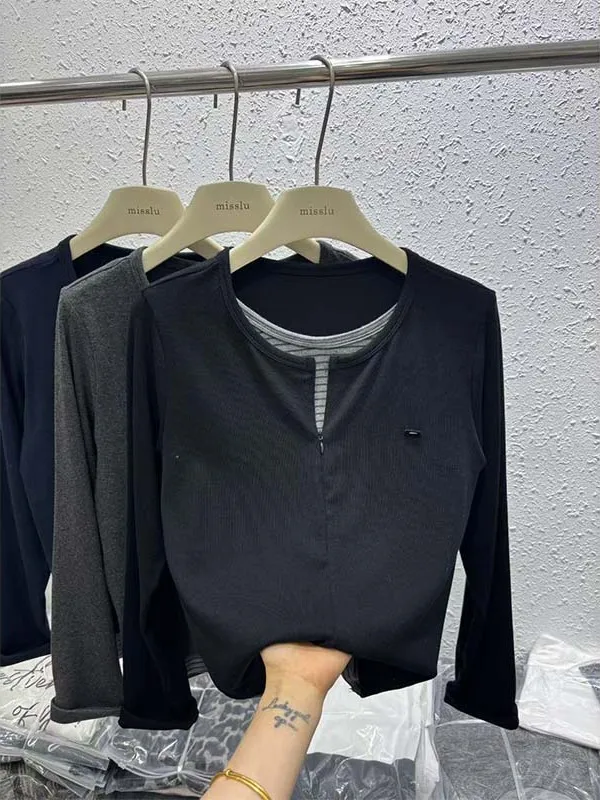 

Осень-зима, круглый Ne Overlap Stripe Long Sve Design Sense, модный топ из двух предметов, женский свободный пуловер, свитшот