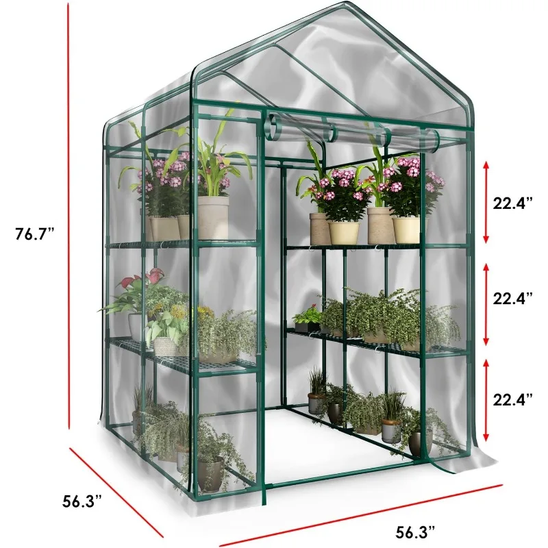 Walk in Greenhouse with 8 Sturdy Shelves and PVC Cover for Indoor or Outdoor Use - 56 x 56 x 76-Inch Green House