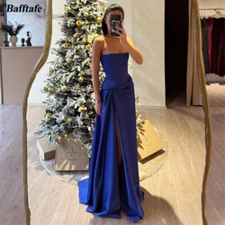 Bafftafe Simple Royal Blue Satin Evening Dresses Customized Women Prom Gowns Strapless Left Leg Slit Formal Birthday Party Dress