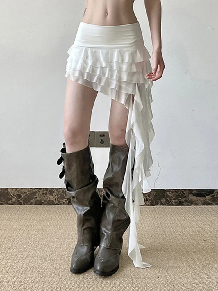 Ruffles Sexy Mesh Y2k Skirts Women Slim Streetwear Vintage High Waist Mini Skirt Harajuku Retro Irregular Design Skirt New