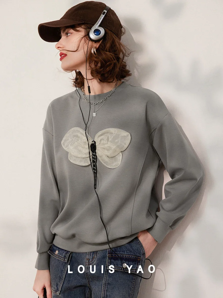 LOUIS YAO Women Sweatshirt 2024 Spring New Round Neck Long Sleeve 3D Dragonfly Decoration Loose Fit Casual Pullover Women's Top