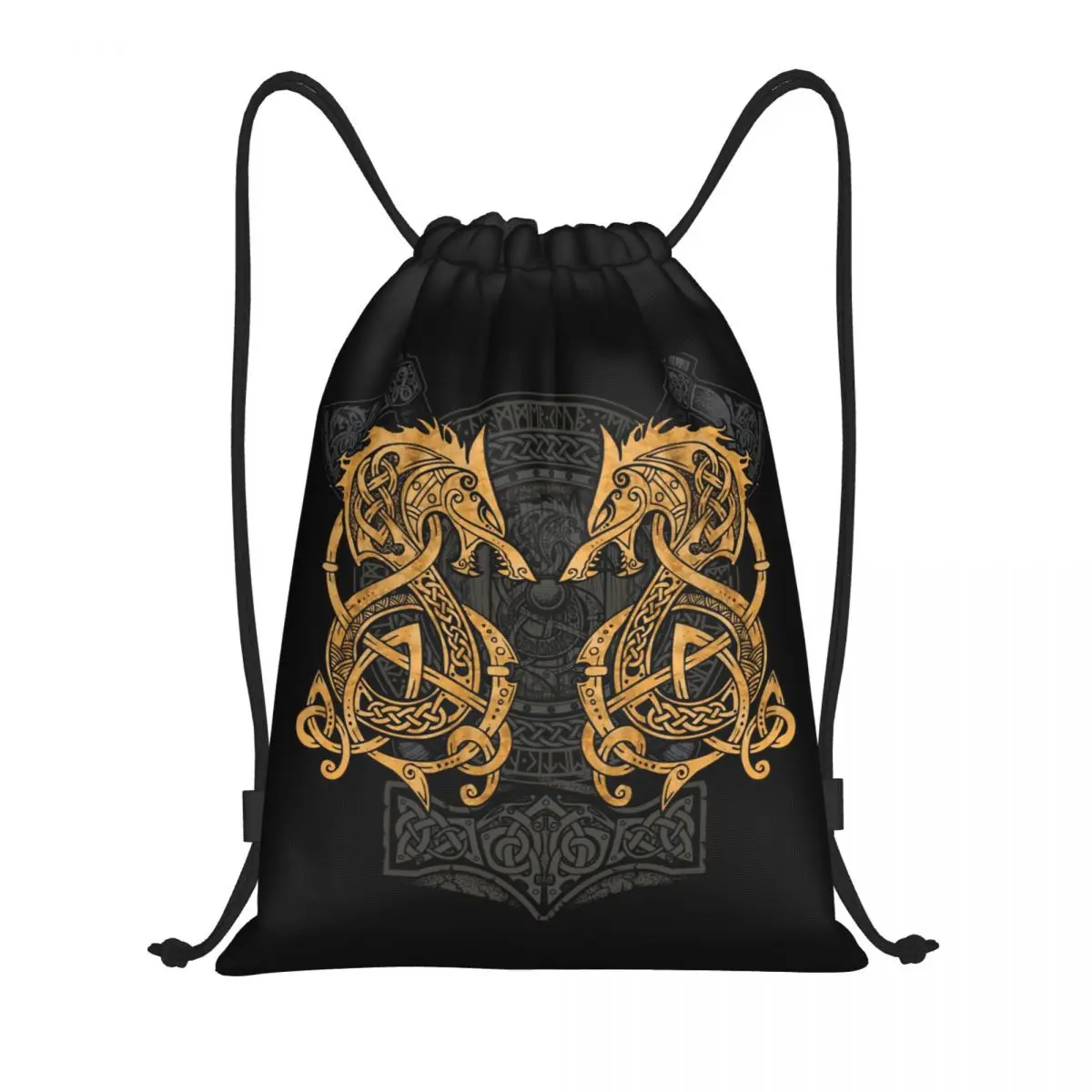 Fighting Fenrir Gold Drawstring Backpack Sports Gym Bag for Men Women Fenrir Viking Rune Training Sackpack