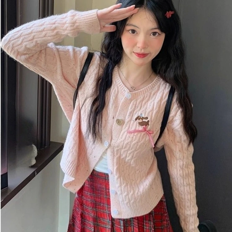 

autumn winter women's jacket sweaters College style youth women outerwear sweater jacket sweet cute pink twist knitted cardigan