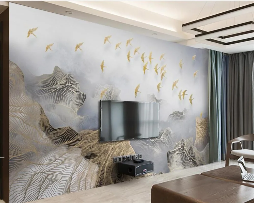 Custom wallpaper 3d new Chinese abstract mood landscape golden lines Asuka TV background 8D crystal mural 28d crystal carving