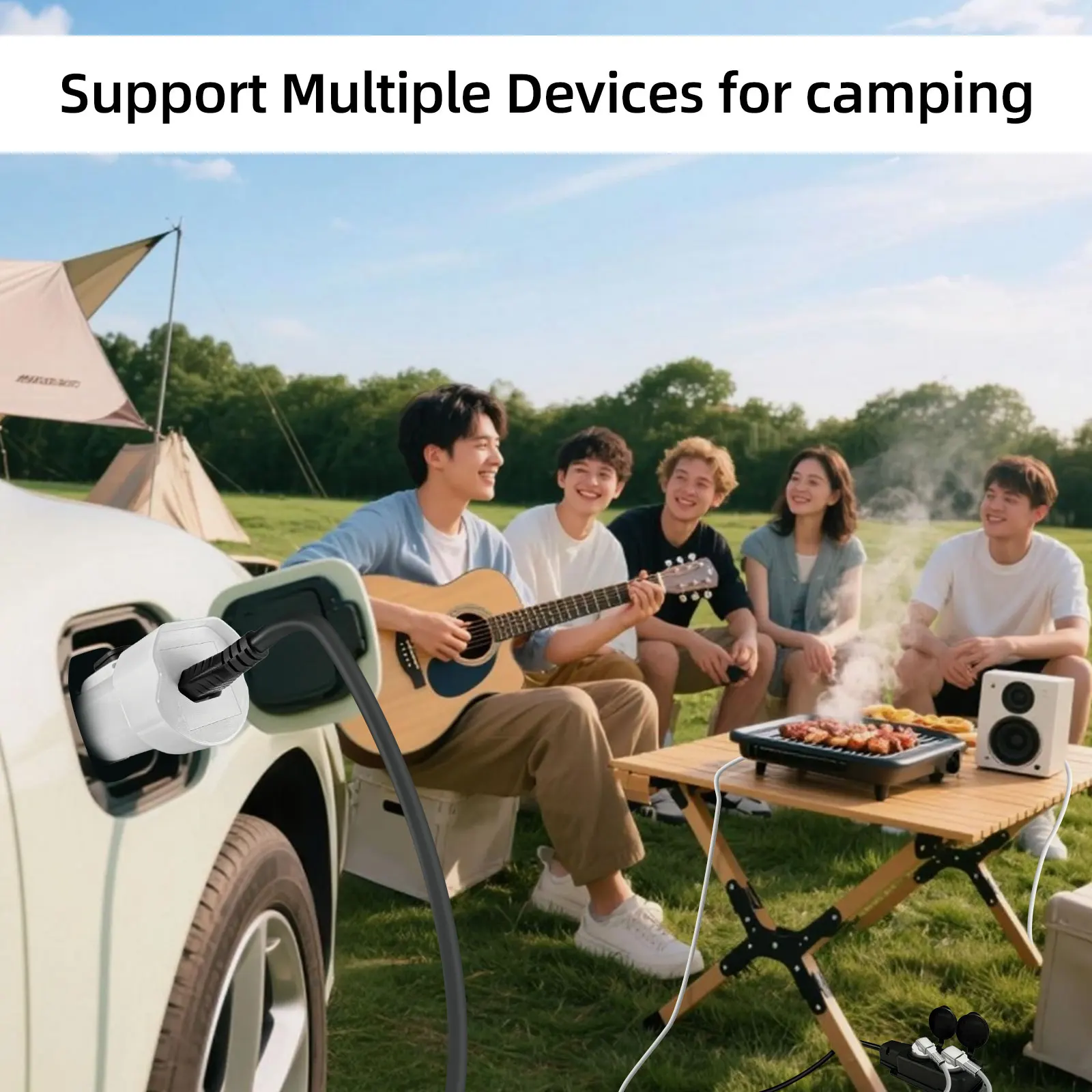 مفرغ EVqiaoyi Type2 V2L مع زر إيقاف التشغيل 16A MG BYD قابس السيارة إلى التحميل لمركبات الطاقة البرازيلية الجديدة