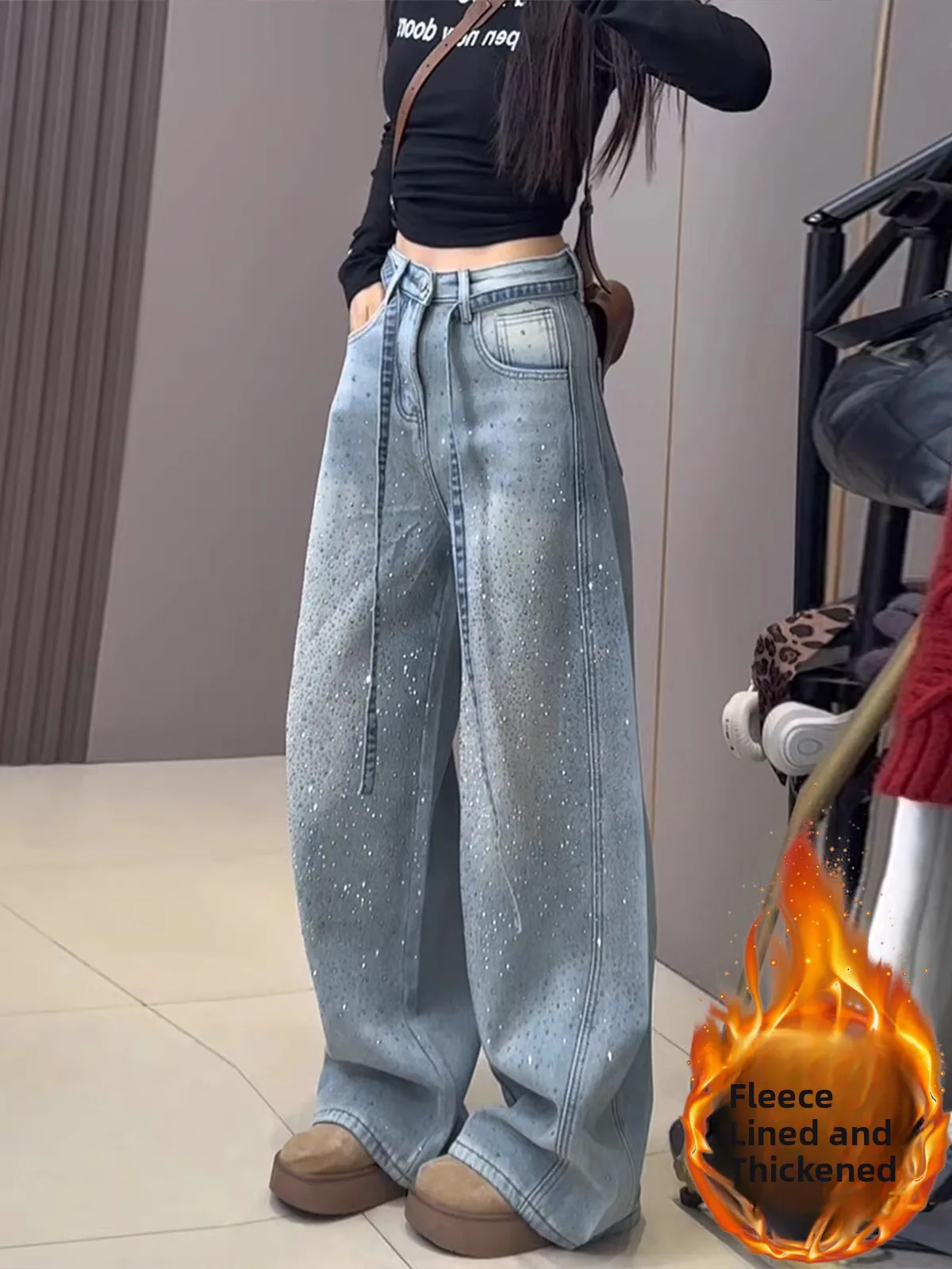 

Tianxing Rhinestone Wide Leg Denim Jeans Women's Spring Fce Loose Straight Cut Pants High Waist Zipper Closure Faionable