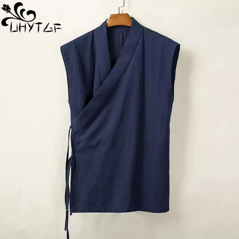 

2024 Summer Chinese Traditional Clothing Hanfu Vest Men Linen Cotton Sleeveless Top Mens Tang Suit Kimono Cardigan Mens Slit Top