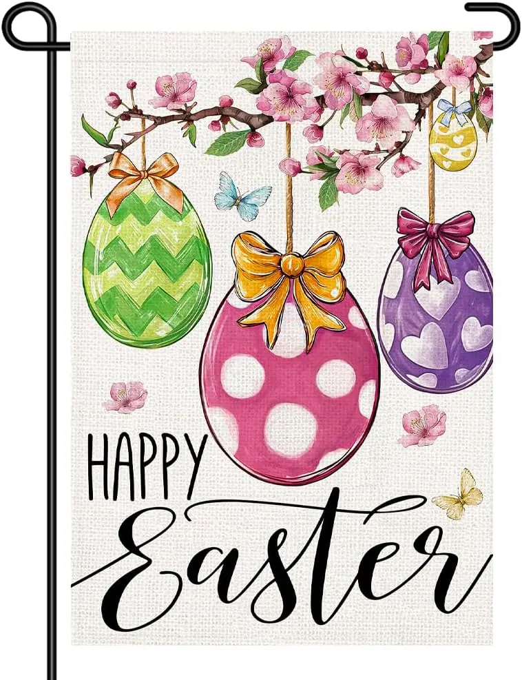 Happy Easter Garden Flag 12x18 Small Double Sided Spring Egg Sign, Hanging Easter Eggs Yard Flag for Outside Porch Lawn East GGO