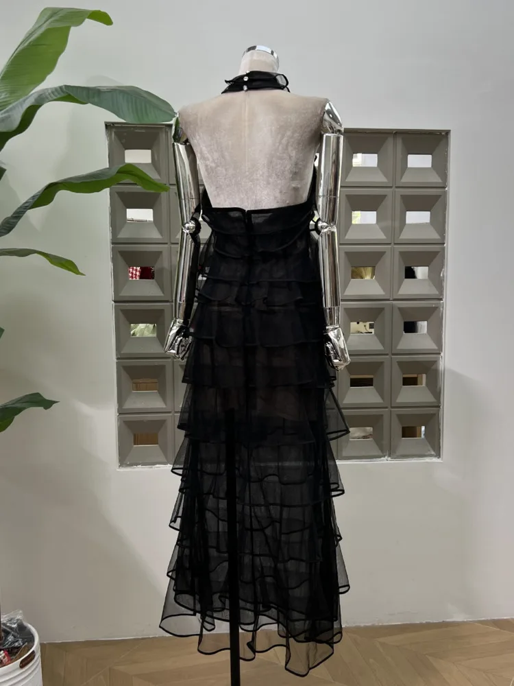 DFDG Vestido feminino elegante halter sem costas em camadas, vestido fluido de praia para convidados de casamento, resort de férias com babados, primavera verão 2025