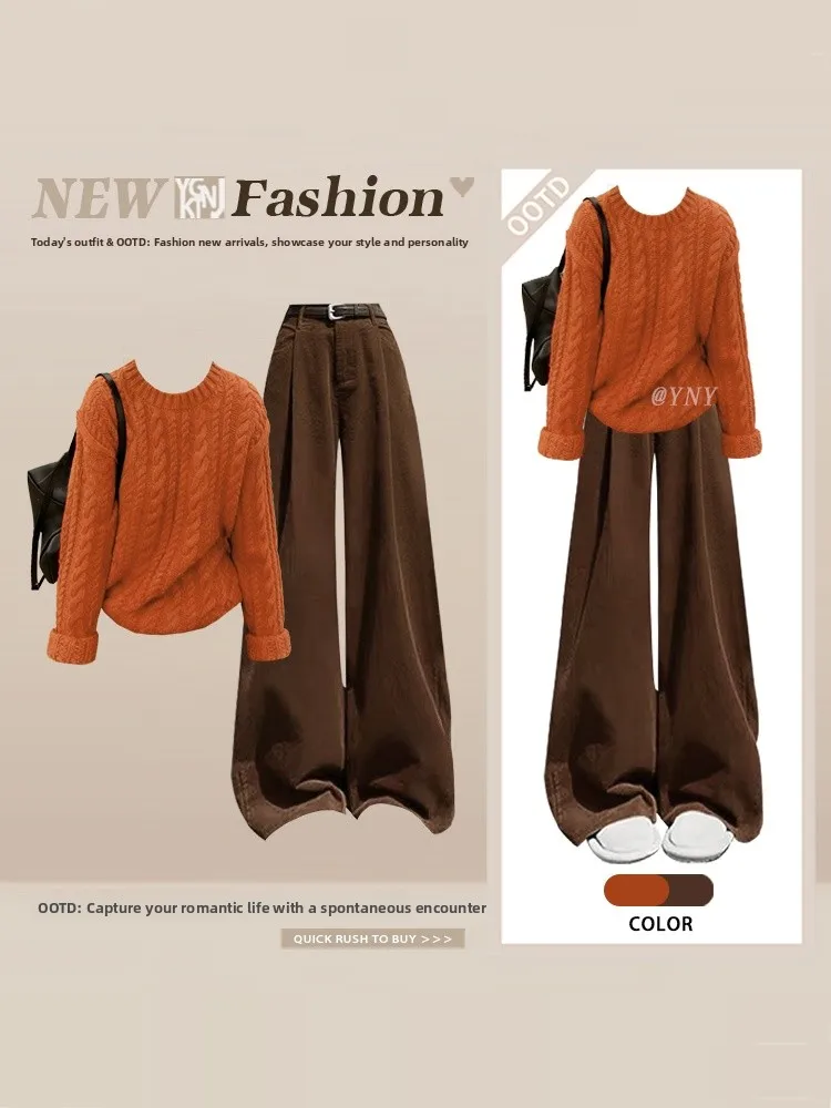 

Зимний оранжевый вязаный свитер с высокой талией, прямые брюки, комплект из двух предметов, Гонконг, ретро, простой женский ансамбль Faion