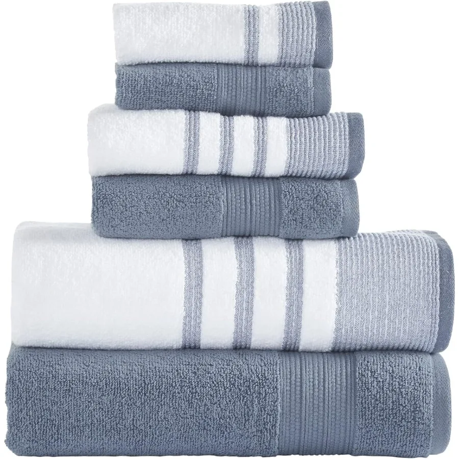 

6 Piece Set Including 2 Bath Towels 2 Hand Towels and 2 Washcloths for Bathroom Use QuickDrying Fabric in White with Contrast R