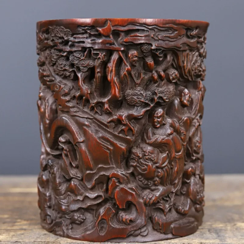Antiques Collection Bamboo Carving eighteen Arhat Relief pen holder Brush Pot Home Study Desktop Decoration Stationery Supplies