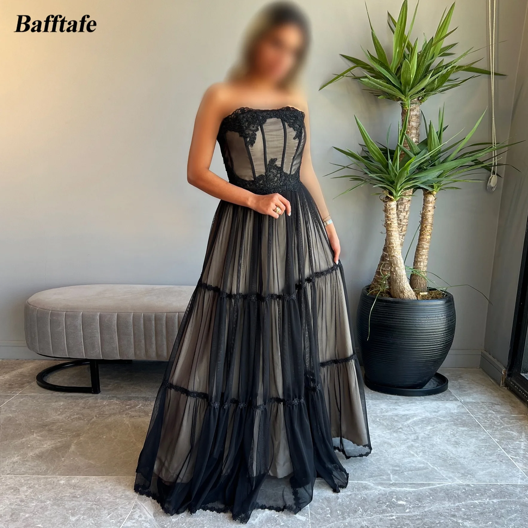 

Bafftafe Black Appliques Lace Customized Prom Dresses Tiered Skirt A Line Formal Occasion Party Dress Special Evening Gowns 2026