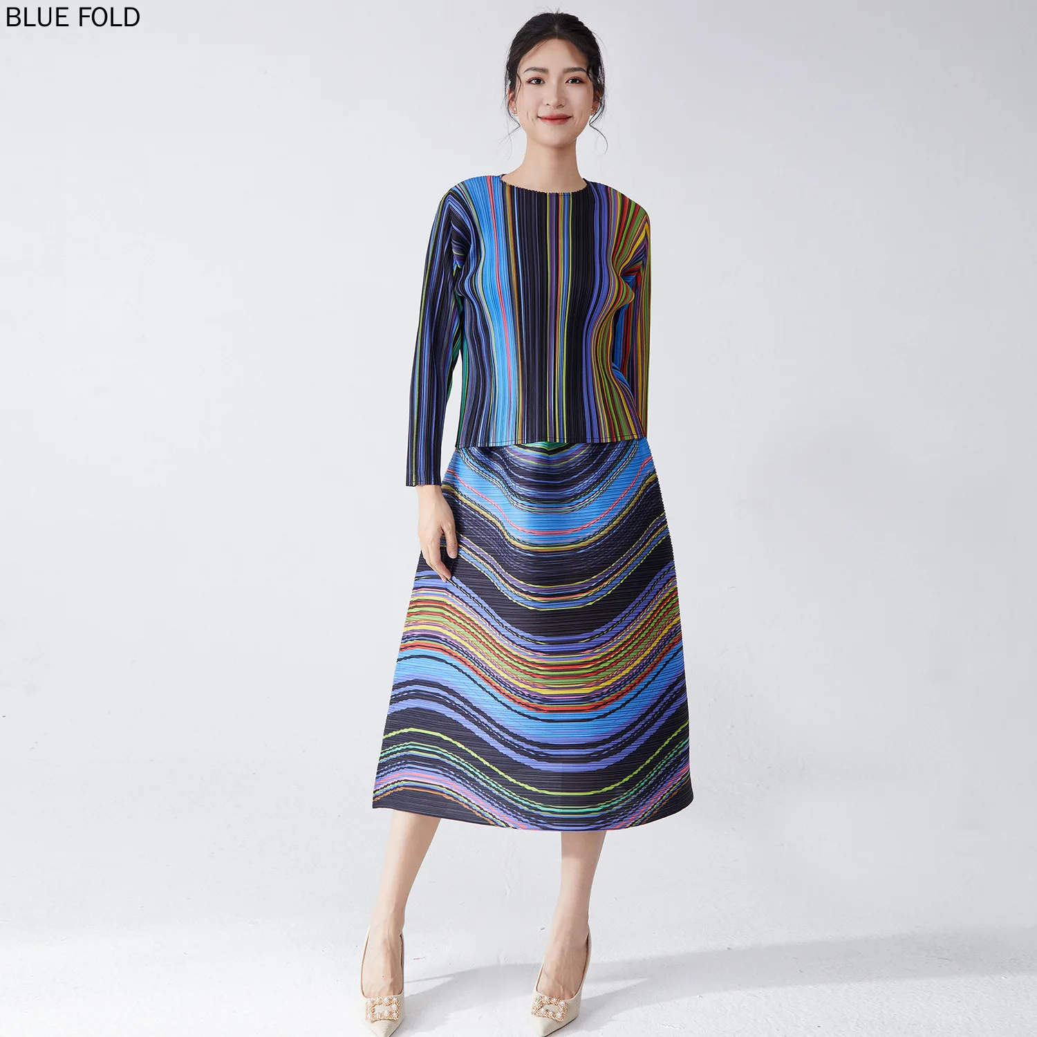 Miyake Skirt Set Women's Two-piece Sets New Striped Round Neck Long-sleeved T-shirt Top + Mid-length A-line Skirt 2 Piece Sets