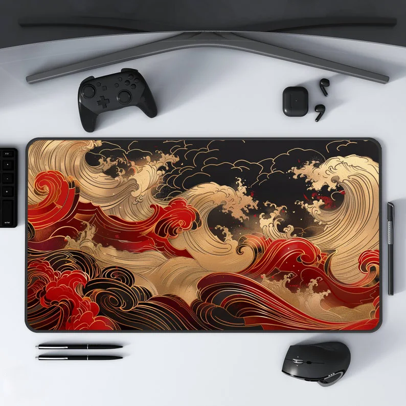 Wave Desk Mat, Japanese-style Artistic Office Decoration, Japanese Desk Mats Full of Artistic Atmosphere, Unique Desktop Mat