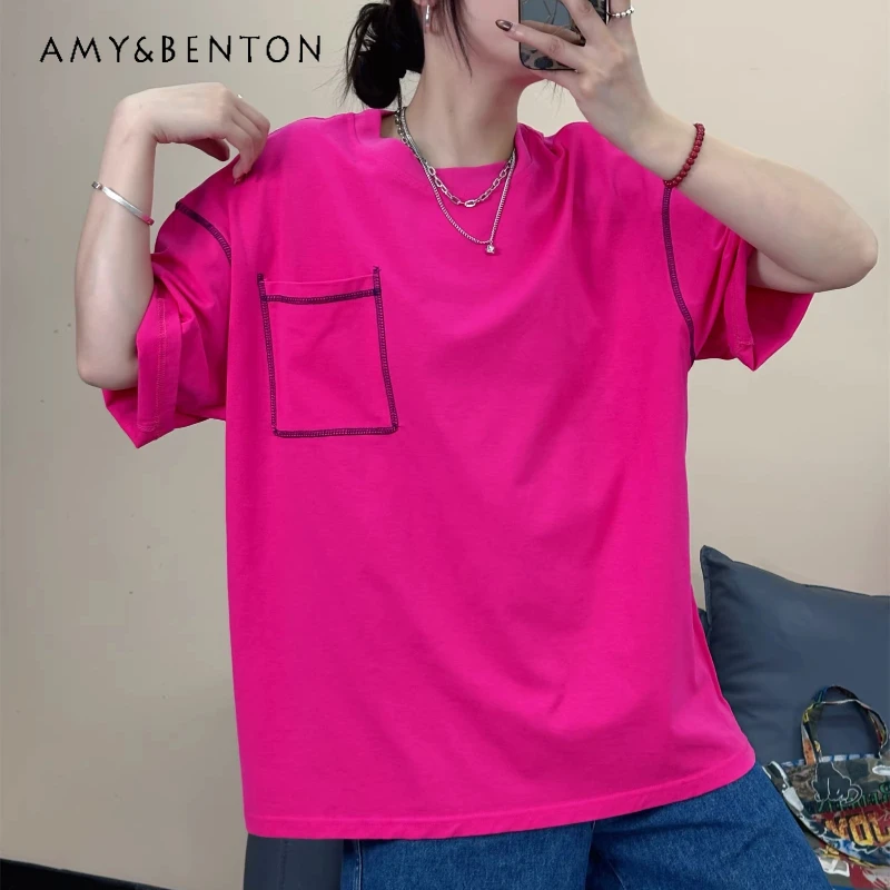 

Large Pocket Pants Pure Cotton Casual T-shirt Women's Top Stitch Decoration Short-sleeved Tops Loose Casual Half-sleeves Tees