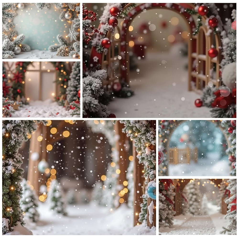 

MOON.QG Enchanting Christmas Bokeh Ribboned Arch Ornaments Snow Background Backdrop Children Decoration Studio Party Wallpaper