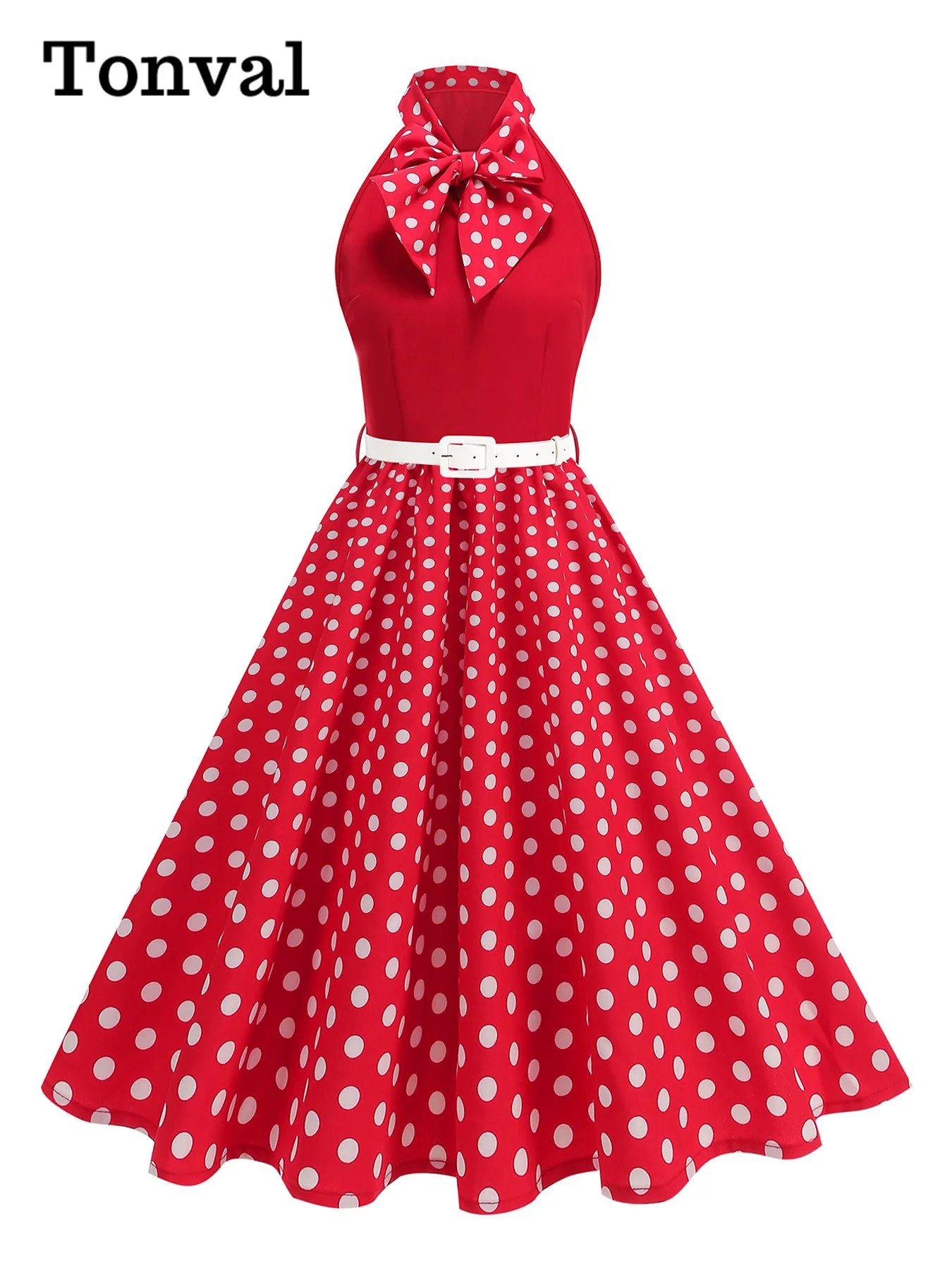 Tonval Strikhals Halter Hals Polka Dot 50s Retro Feestkleding voor Vrouwen Prom Vintage Cosplay Kerst Mouwloze Jurken
