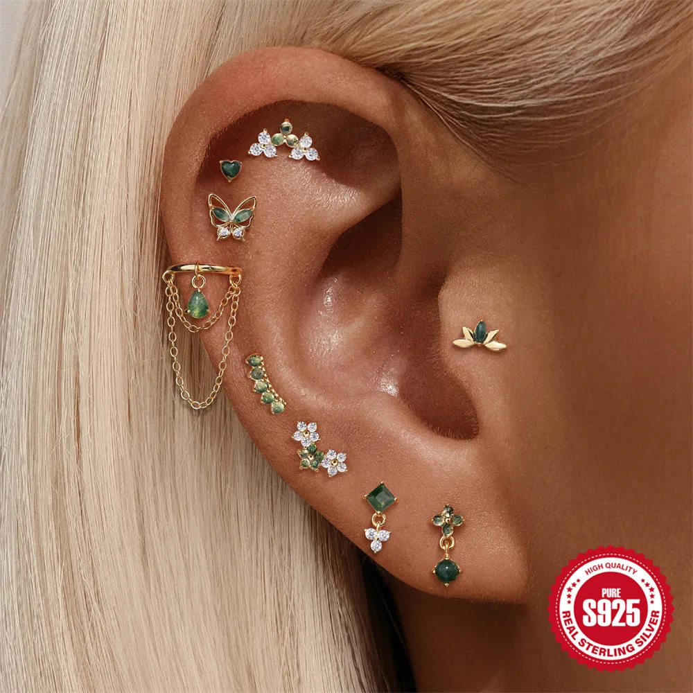 

BOAKO 925 Sterling Silver Moss Agate Flower Butterfly For Woman Flat Head Piercing Stud Earring Suitable For Anniversary Gift