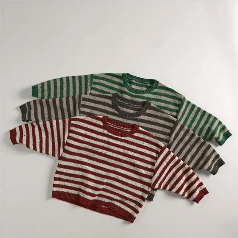 Autumn New Children Sweater Alpaca Wool Colored Dot Boys Vintage Striped Knitwear Girls Knitted Pullover Kids Casual Sweater