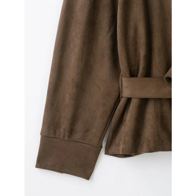 Damen Herbst Winter Hochkragen Wildlederjacke Einfarbig Einreihig Langarm Gürtel Tailliert Lockerer Mantel Lässige Mode Streetwear – Detail 15