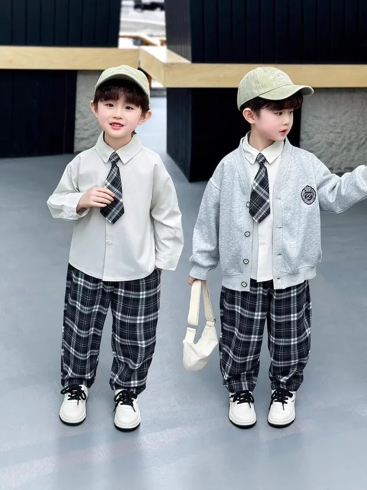 Kids Clothing Sets Spring Autumn Boys Cotton Knit Coat+ Shirts+ Plaid Pants 3Pcs Suit Children Outfit 2-10 Years Campus clothing