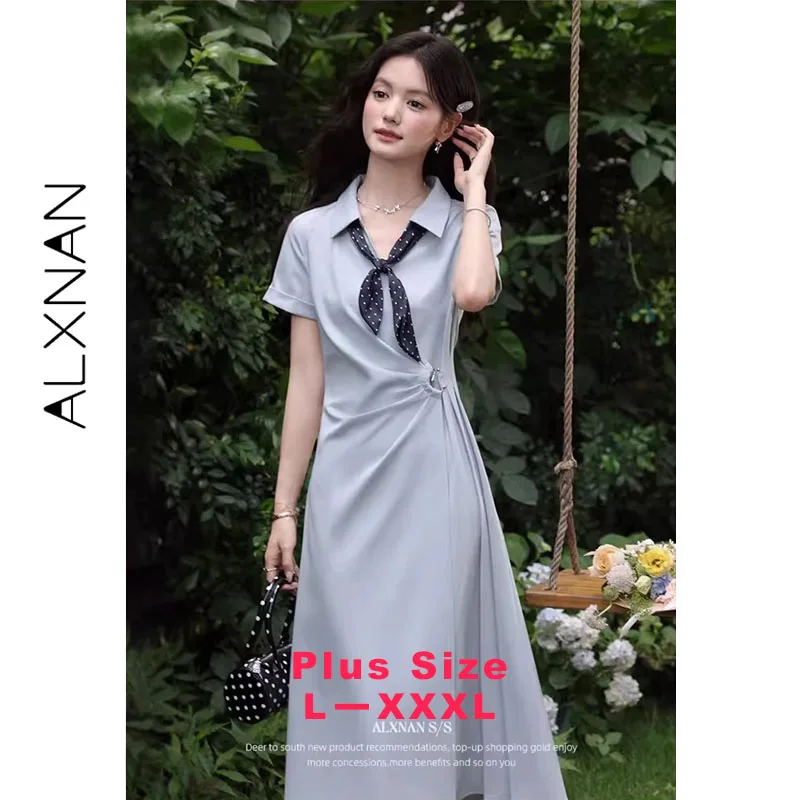 ALXNAN Robe à col chemise grande taille pour femmes, élégante, avec design de taille plissée torsadée, robes longues décontractées, comprend un foulard à pois D11097