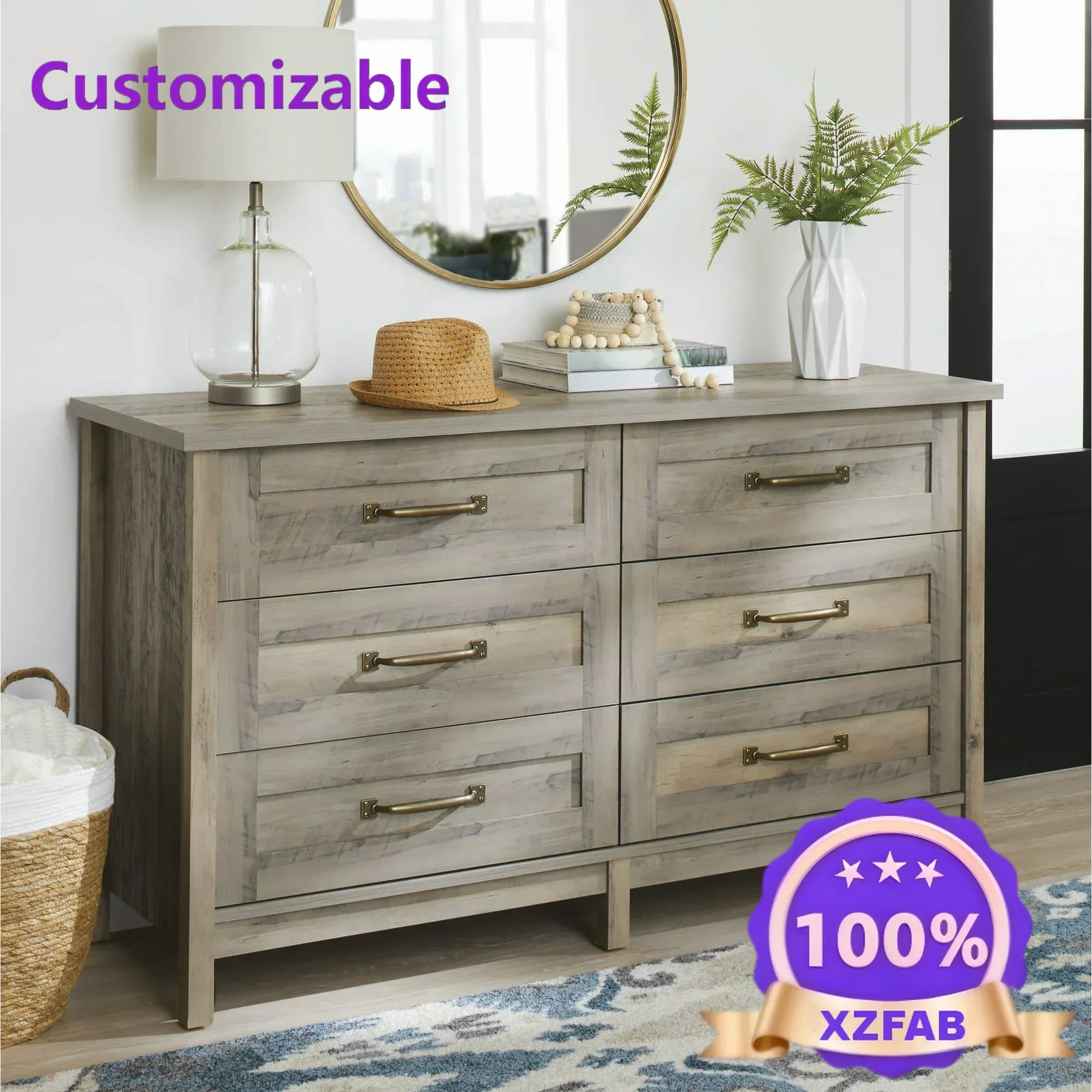 Factory Direct 2026 Modern Farmhouse Spacious 6 - Drawer Wood Horizontal Dresser, Antique Brass Finish Metal Hardware